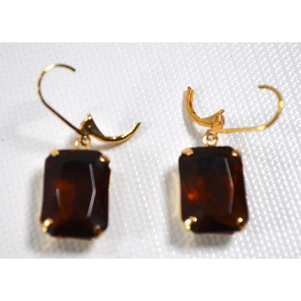 Gold Tone Dark Brown Amber Crystal Lever-back Earrings 1.5
